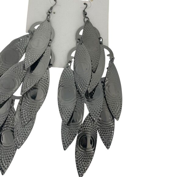 Black Tone Statement Earrings Leaf Drop Floral Dangle Style Intricate Fashion - Picture 4 of 9